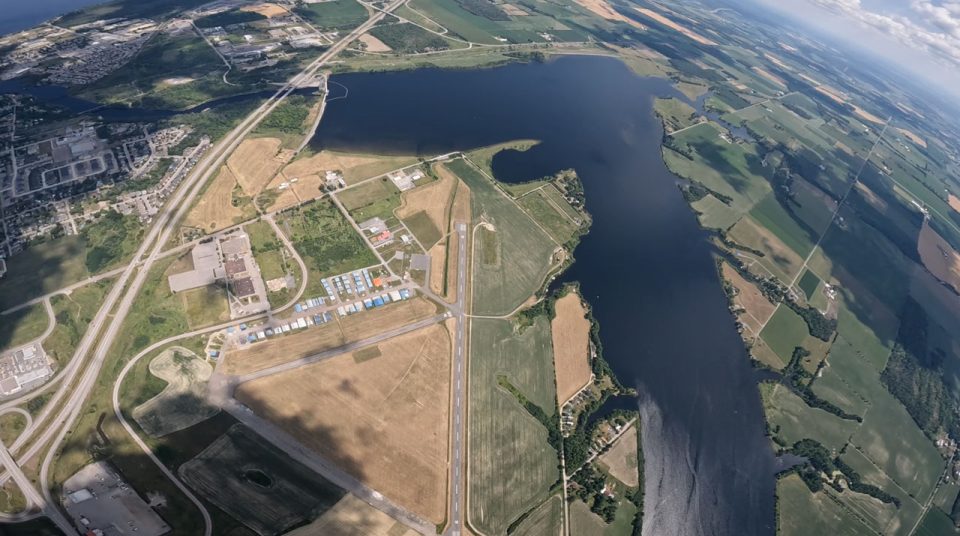 Aerial view of large triangle landing area at Parachute Ottawa located on the Arnprior Airport in Ontario