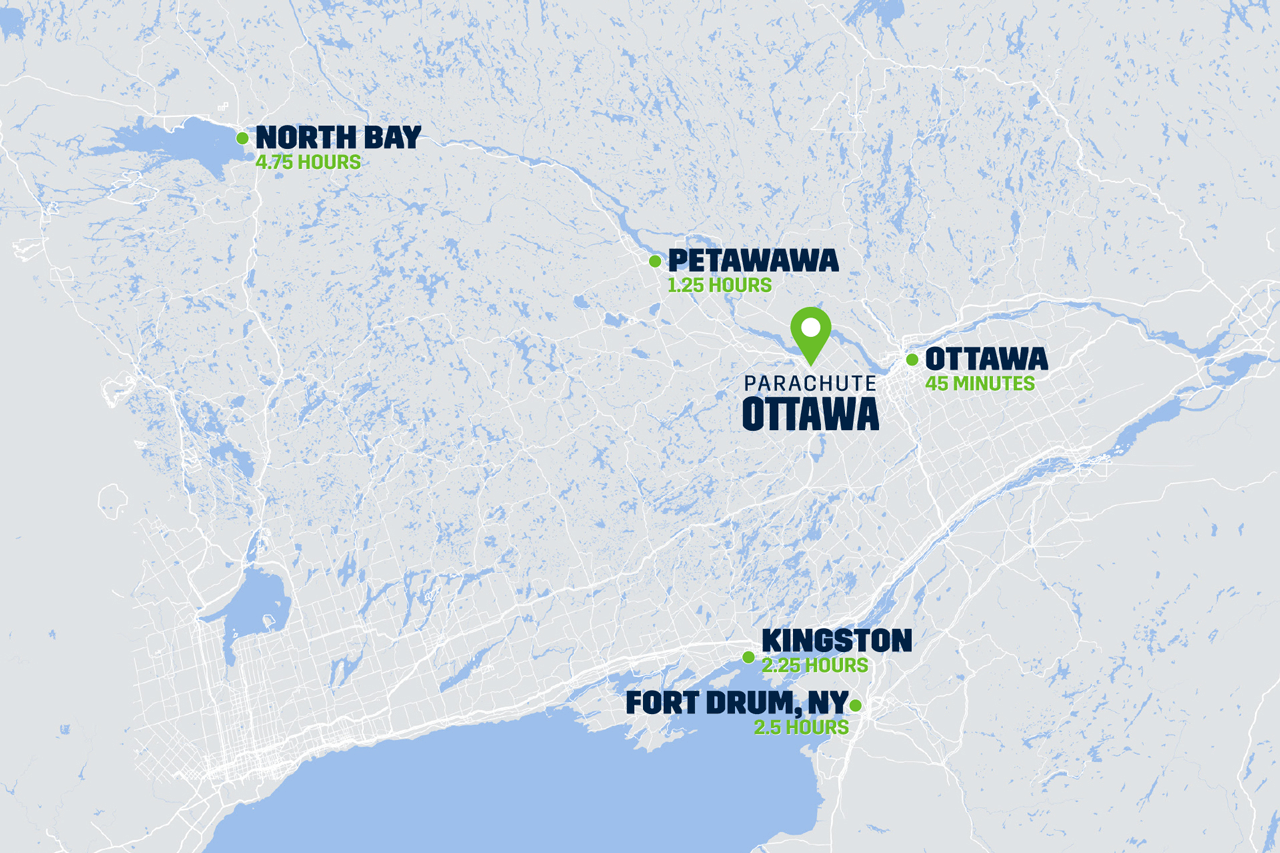 Map showing the proximity of Parachute Ottawa to surrounding cities in Ontario, Canada and New York