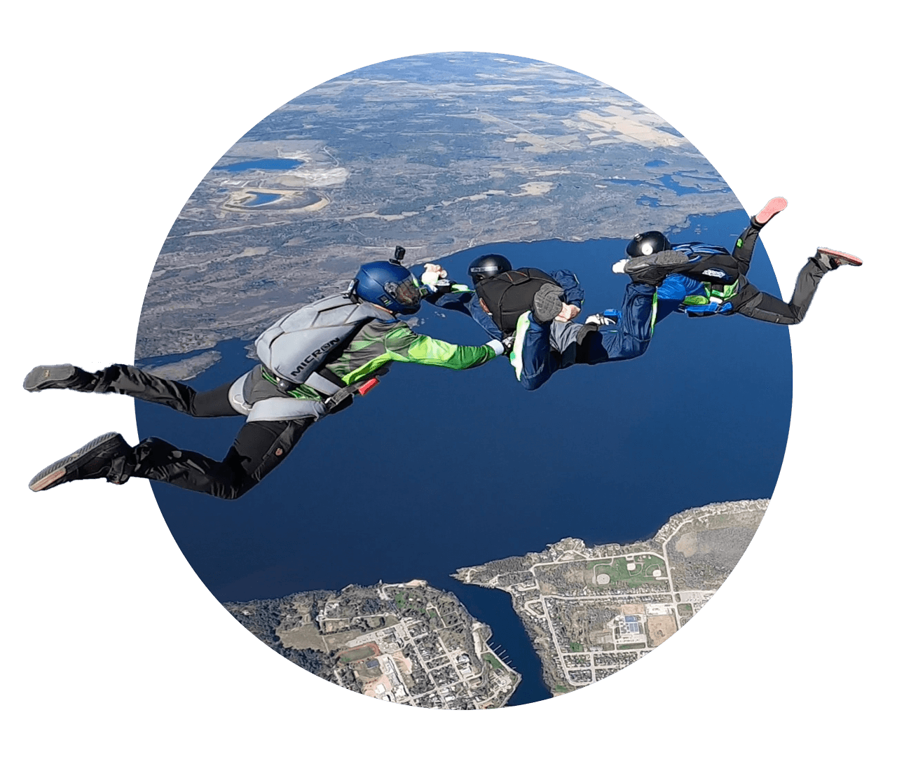 PFF skydiving student learning to skydive with two instructors at Parachute Ottawa in Ontario