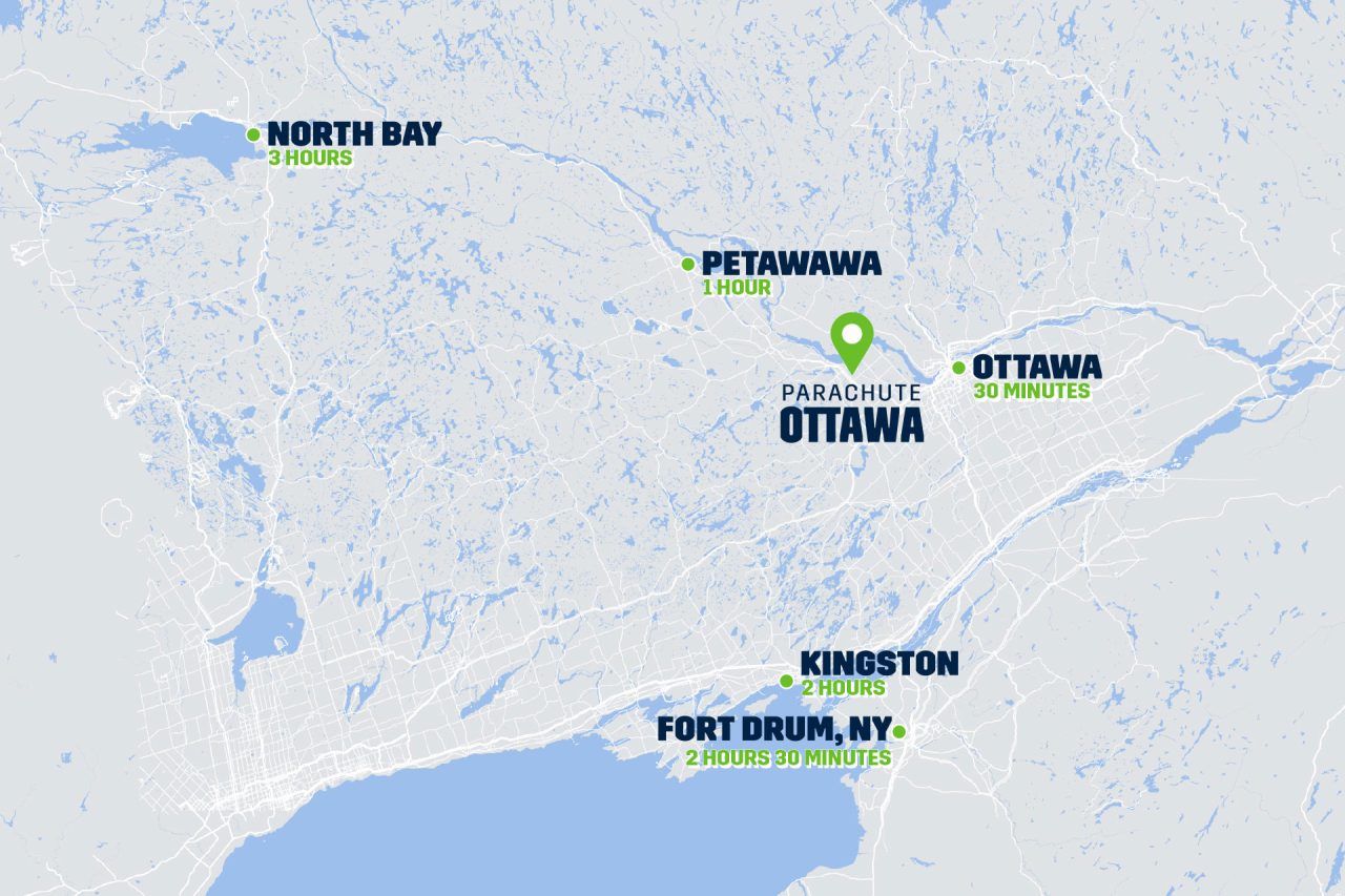 Map showing the proximity of Parachute Ottawa to surrounding cities in Ontario, Canada and New York